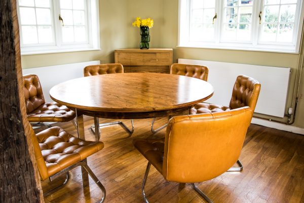 Italian Tan Leather Dining Chairs at table 2